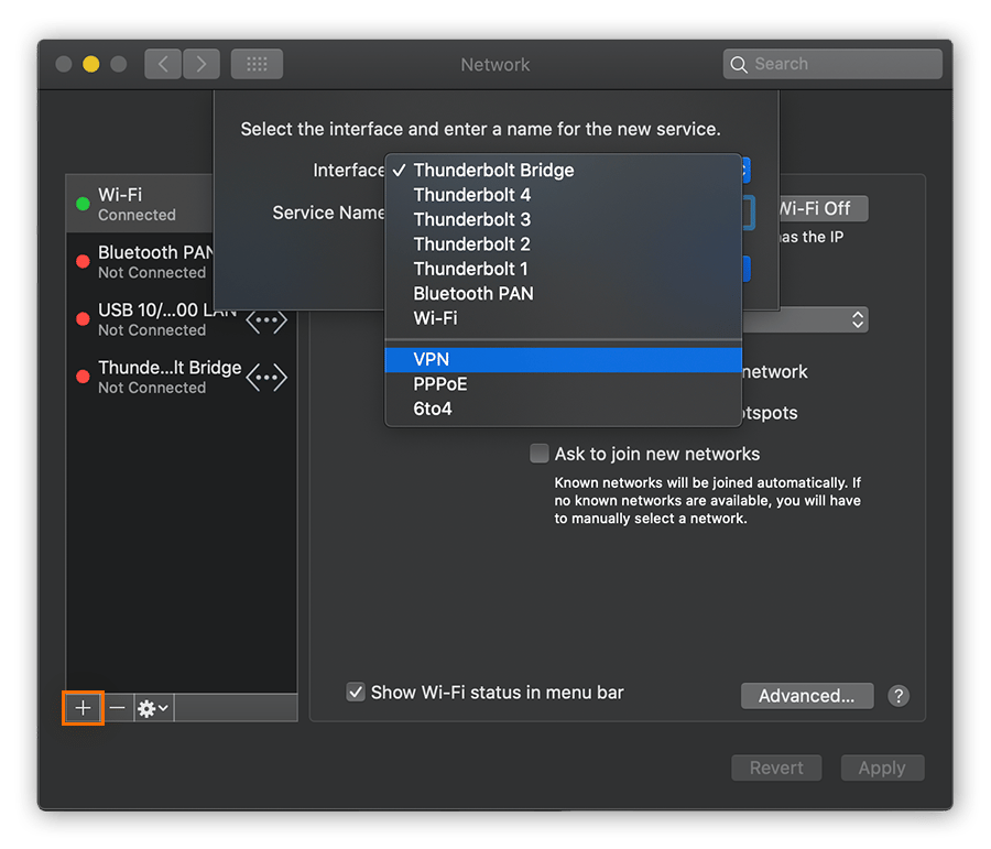 Choosing to add a new VPN in the Network settings of macOS Catalina